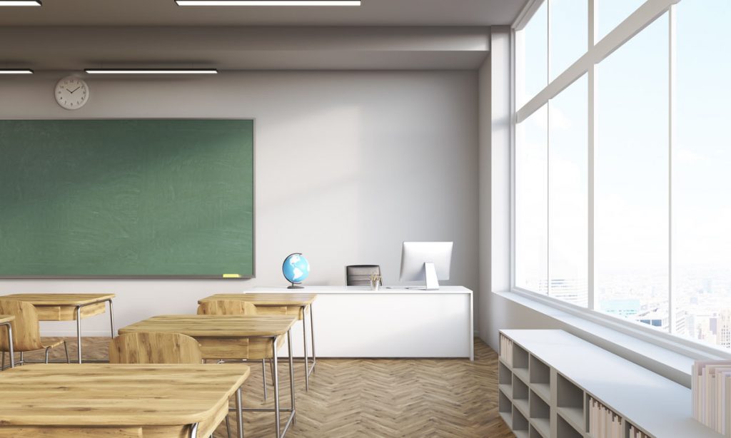 Classroom interior with shelves computer and wooden furniture. Concept of education.3d rendering. Mock up